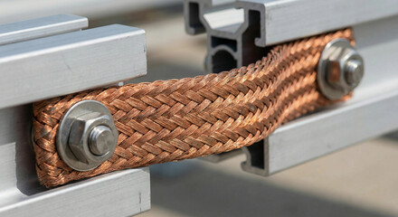Flexible copper grounding strap connecting two metal mounting rails