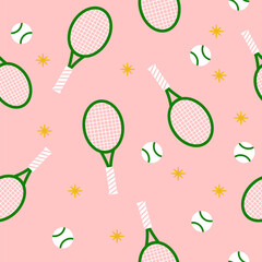 Tennis rackets and balls on a pink background.