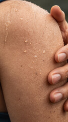 Detailed close-up of human skin with small water droplets and visible skin tags or warts being carefully examined by a medical professional in a clinic setting.