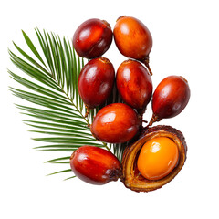 Obraz premium Set of Fresh oil palm fruits with a glossy red-orange hue, arranged neatly with one fruit cut in half on white background.