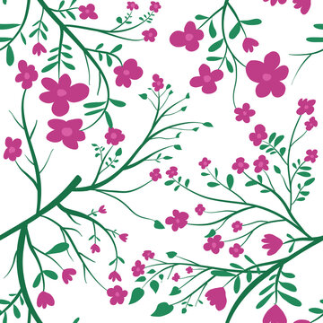 Seamless pattern pink floral design with green branches and leaves create a beautiful repeating backdrop.