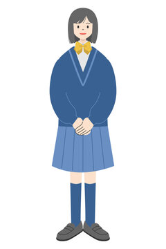 制服を着て立つボブヘアの女子高校生の全身イラスト