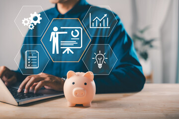 money bank learning e education financial online elearning internet helps student, person uses...