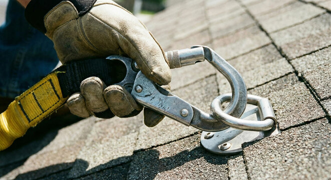 Roofer clipping safety harness carabiner to metal roof anchor point