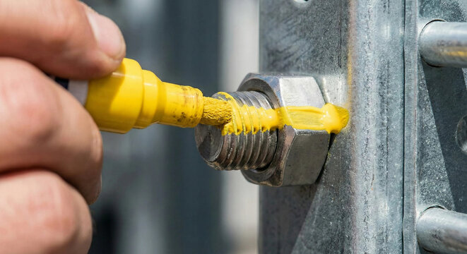 Worker applying yellow torque seal mark to nut and bolt for visual inspection
