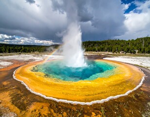 Turquoise thermal spring geyser ejects steam in landscape, rimmed by golden-orange microbial mats under cloudy skies
