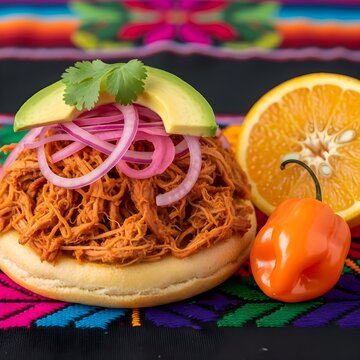The Classic Cochinita Piled High Vibrant Abundant Salbute Golden Puffy Achiote-Red Shredded Pork