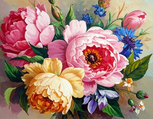 A vibrant floral painting showcasing a bouquet of peonies and other flowers in various colors and stages of bloom