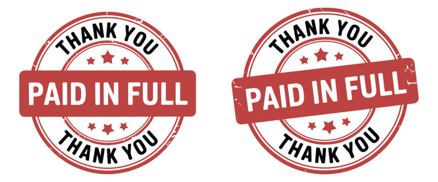 Red circular stamps, paid in full and thank you signs, financial transaction completion vector.