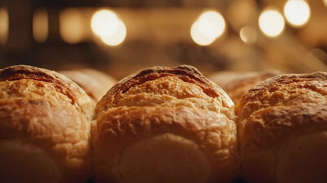 Perfectly Formed Golden Brown Bread Rolls Clustered on a Dark Steel Surface Under Warm Lighting