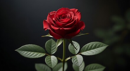 Fototapeta premium Single Red Rose with Leaves on Dark Background, Romantic and Elegant Floral Still Life