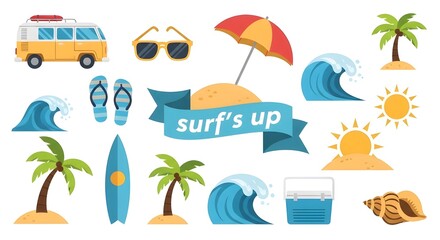 Obraz premium Beach Surfing Lifestyle Icons: Surfboards, Palm Trees, Vans, Sunglasses, Flip-Flops, Umbrellas, Coolers, and “Surf’s Up” Banners – Modern Flat Design