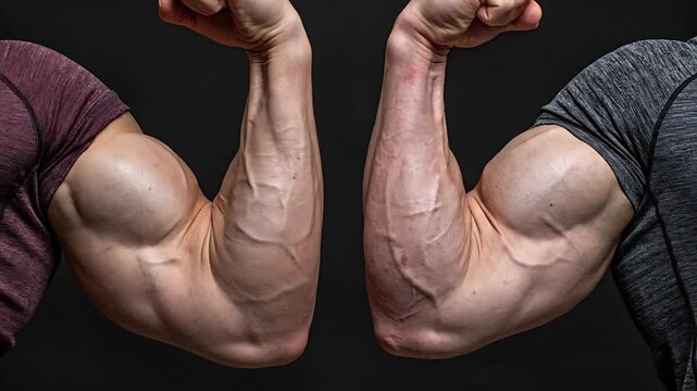 Two muscular men showcasing flexed biceps in a comparative display of strength