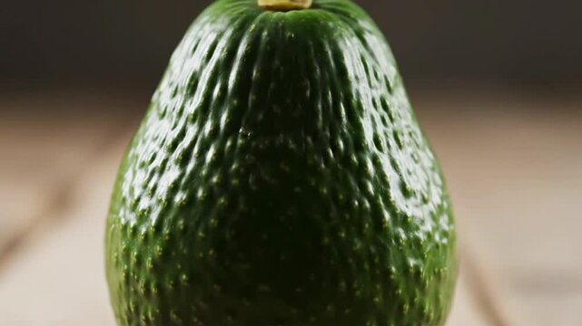 A Single Perfect Avocado with Rich Green Textured Skin Resting on a Wooden Surface