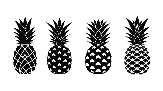 Four black pineapple shapes in a minimalist design silhouette