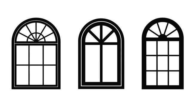 Three arched windows in a graphic black design silhouette