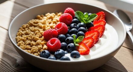 Healthy Breakfast Bowl with Fresh Berries and Granola.