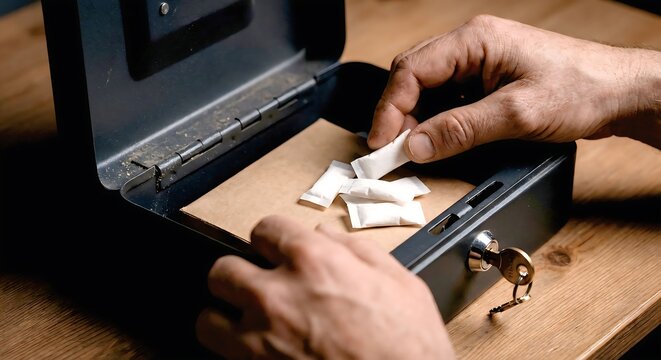 Hand placing small pouches in lock box, quitting plan concept