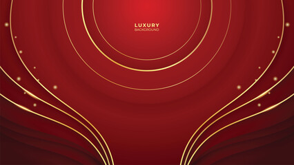 Red Luxury Background With Golden Waves Lines, Circle and Glitter Effect. Elegant style vector design