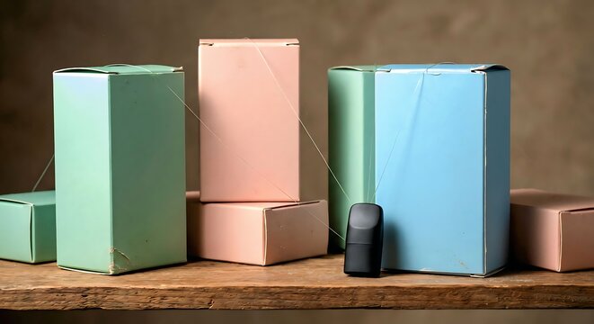 Unbranded vape device with pastel packaging boxes on shelf