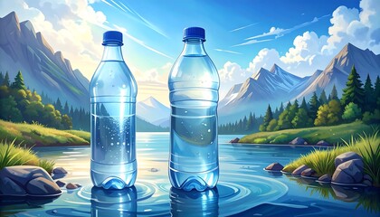 Two plastic water bottles sitting in a serene, blue lake with mountains and trees in the scenic background