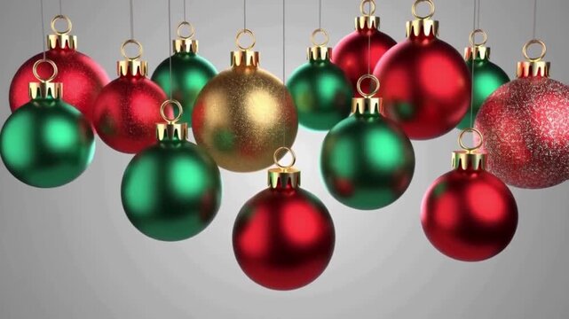 A modern, elegant animation of Christmas baubles decorations on a soft gray background. Glossy red, gold, silver, and white ornaments hang from thin strings, gently swaying and slowly rotating 