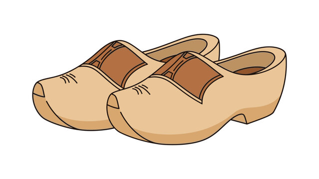 A pair of traditional wooden shoes with brown straps on a plain white background in a digital illustration.