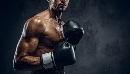 Half body shot of a boxer man standing sideways with gloves, background