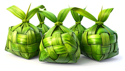 Naklejka premium Three bundles of ketupat, traditional Southeast Asian rice cakes, wrapped in woven green palm leaves.