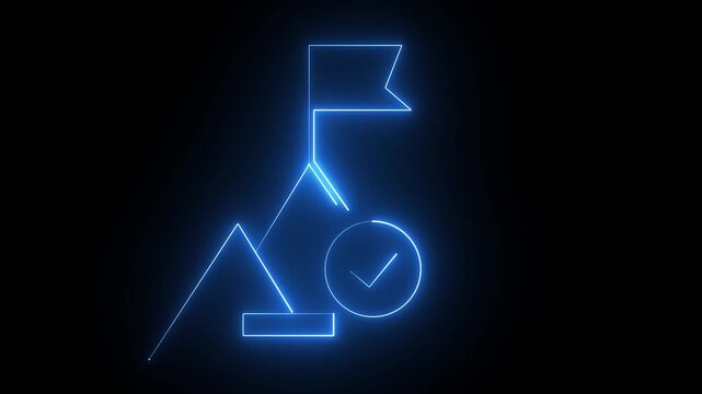 Glowing neon Flag sign animation blue color neon icon on black background . Victory, winning and conquer adversity concept. 