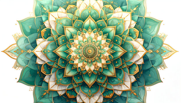 Intricate turquoise and gold mandala design with floral patterns.