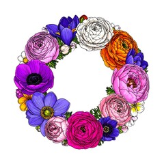 A vibrant floral wreath featuring assorted blooms in hues of pink, purple, white, and orange, on a clean white background