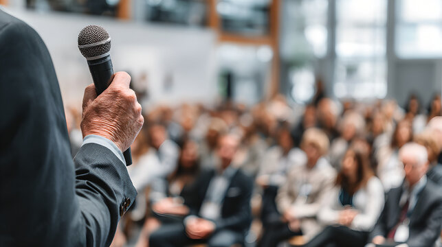Close up of hand holding microphone while moderating professional conference panel discussion 