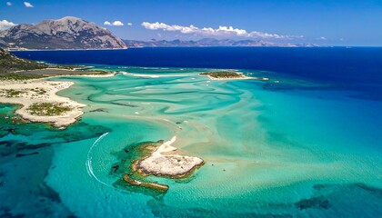 Turquoise water meets sandy shores and distant mountains under a clear sky in an aerial coastal view