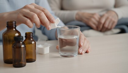 Close-up of person's hands dissolving tablet in glass of water with medicine bottles