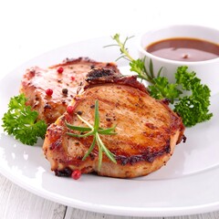 Two pork chops are displayed with a gravy bowl, parsley, and rosemary on a white plate, a gourmet culinary still-life