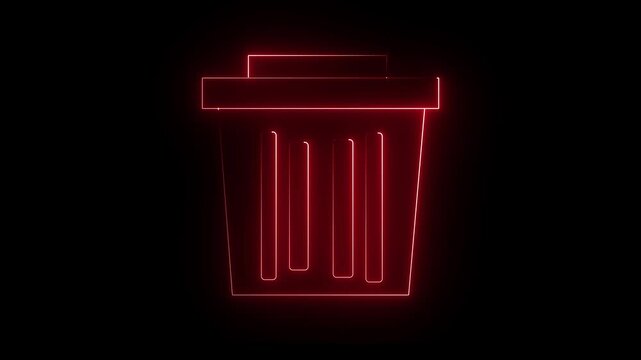 Neon  glowing red color delete animation icon trash rubbish remove animated on black background. 4k video.