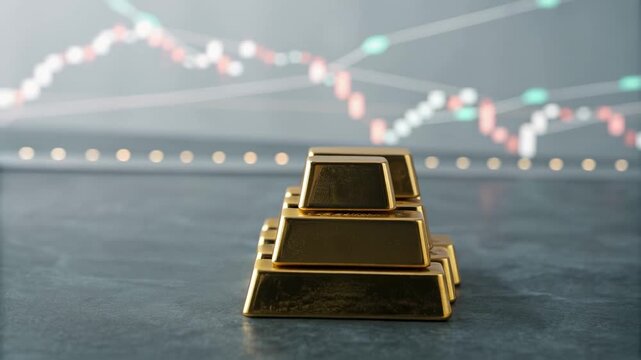 Gold Bars Stack on Table with Financial Chart in Background Symbolizing Gold Supply Chain and Market Trends Dynamics
