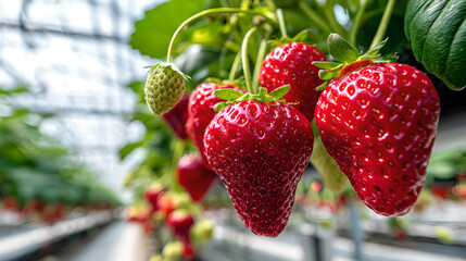 Bright Red Strawberries Growing On Green Plants Inside Sunlit Modern Greenhouse Farm 