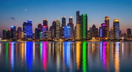 Nighttime Skyline of Modern City Buildings.