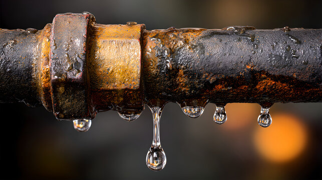 Broken pipe with corrosion and dripping water droplets from a metal joint 