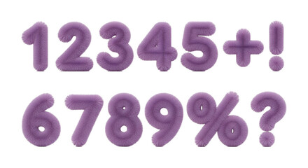 Purple fuzzy 3 D numbers and symbols on black background
