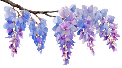 Cascading Blue Purple Wisteria Flowers on Branch Isolated Against White Background Soft Lighting Romantic Floral Design Hanging Blossoms Delicate Petals Nature Theme
