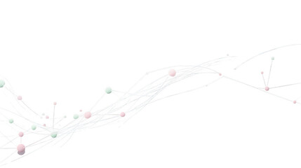 Naklejka premium Abstract organic network of pastel pink and green spheres connected by thin, ethereal lines and faint waves on a clean white background.