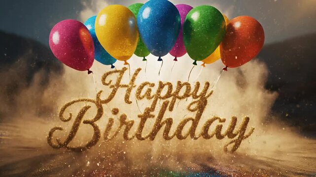 Happy Birthday Surprise: Colorful Glitter Explosion from Gift Box with Balloons