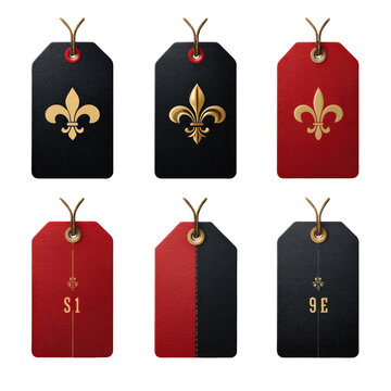 Six rectangular tags, two colors each, with fleur-de-lis emblems and numbers