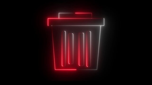 Neon  glowing white and red  color delete animation icon trash rubbish remove animated on black background. 4k video.