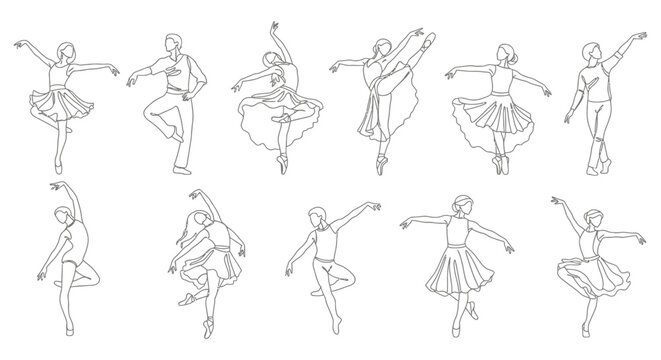line art collection of elegant ballet and contemporary dancers in graceful poses perfect for dance studio branding and artistic cultural designs.
