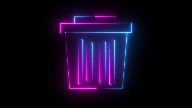 Neon  glowing blue and pink color delete animation icon trash rubbish remove animated on black background. 4k video.