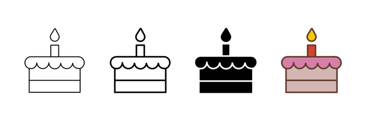 Set of minimalist birthday cake icons with transparent background, depicting dessert symbols for celebrations, parties, anniversaries, and festive events, vector illustration